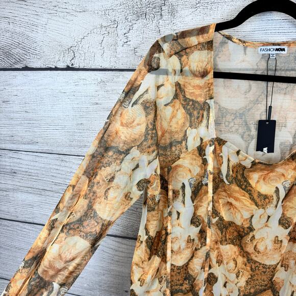 Fashion Nova Plus Size Mesh Long Sleeve Tan Floral Odette Top Size 2X - Picture 6 of 7